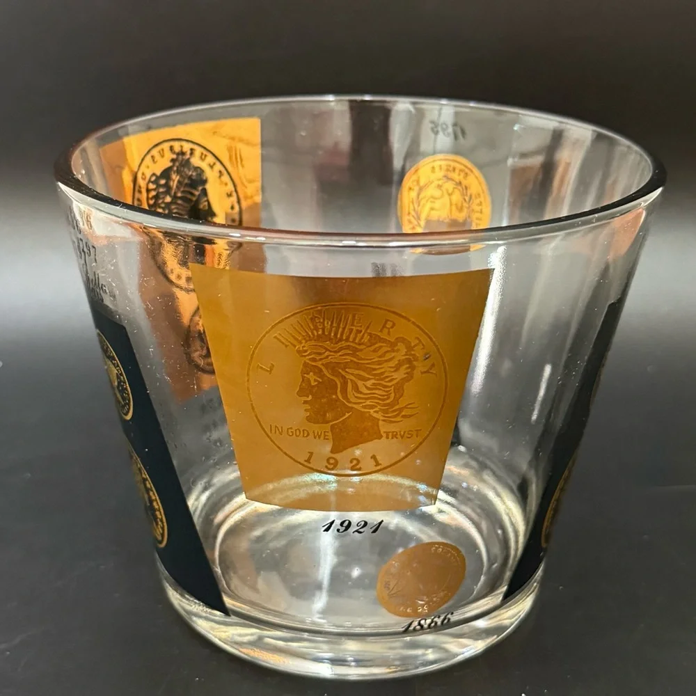 Vintage Mid Century Modern CERA Glass 22K Gold Coins of the World Ice Bucket